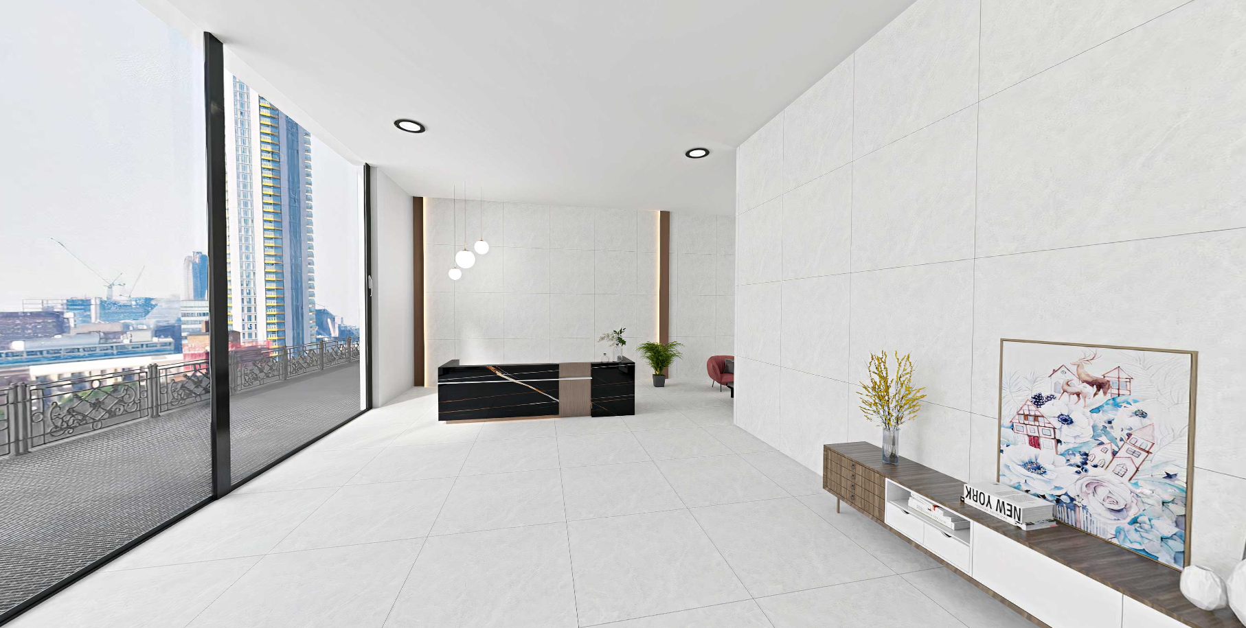 Modern interior design with a cityscape view from large windows, Tilesshopper Tiles Shopper, modern marble floor tiles, glossy white kitchen wall tiles, matte black bathroom tiles, ceramic mosaic backsplash, outdoor patio stone tiles, geometric patterned tiles, large porcelain floor slabs, subway tiles for bathroom walls, textured gray concrete-look tiles, luxury marble-look porcelain tiles, decorative accent wall tiles, terrazzo floor tiles, wooden plank ceramic tiles, high-gloss living room tiles, minimal