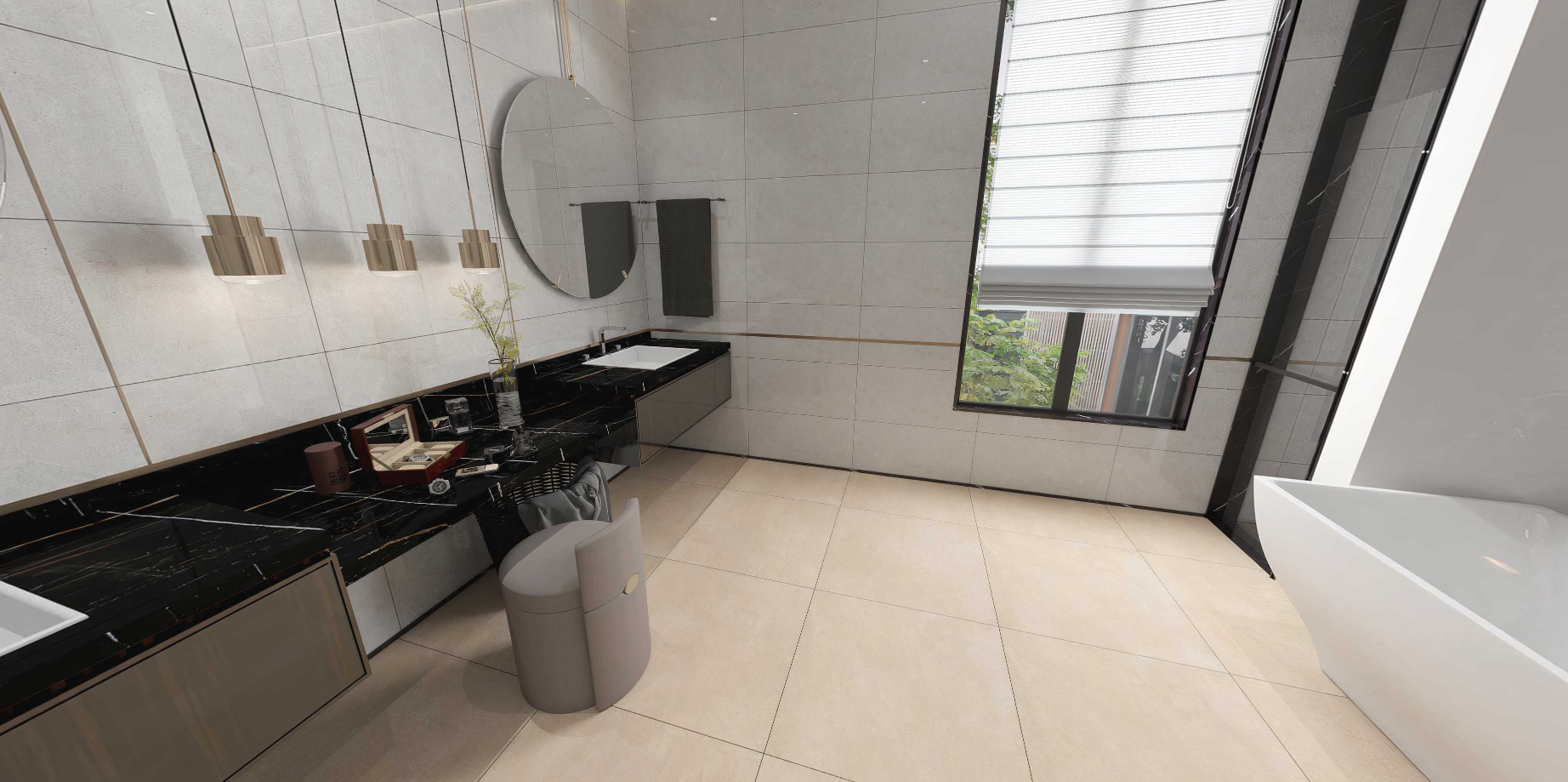 Modern bathroom with black countertops, white tiles, and a large window, Tilesshopper Tiles Shopper, modern marble floor tiles, glossy white kitchen wall tiles, matte black bathroom tiles, ceramic mosaic backsplash, outdoor patio stone tiles, geometric patterned tiles, large porcelain floor slabs, subway tiles for bathroom walls, textured gray concrete-look tiles, luxury marble-look porcelain tiles, decorative accent wall tiles, terrazzo floor tiles, wooden plank ceramic tiles, high-gloss living room tiles,