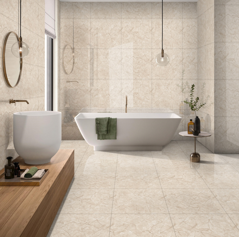Modern bathroom with a freestanding bathtub, sink, and decorative elements.