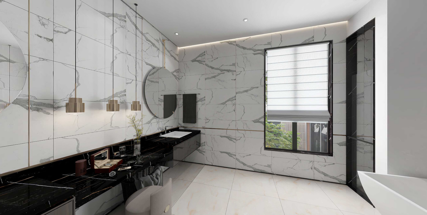 Modern bathroom with marble walls, black fixtures, and a large window, Tilesshopper Tiles Shopper, modern marble floor tiles, glossy white kitchen wall tiles, matte black bathroom tiles, ceramic mosaic backsplash, outdoor patio stone tiles, geometric patterned tiles, large porcelain floor slabs, subway tiles for bathroom walls, textured gray concrete-look tiles, luxury marble-look porcelain tiles, decorative accent wall tiles, terrazzo floor tiles, wooden plank ceramic tiles, high-gloss living room tiles, m