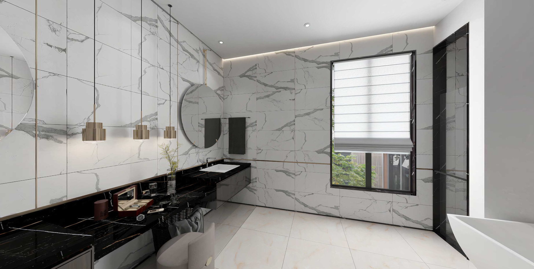 Modern bathroom with marble walls, black fixtures, and a large window, Tilesshopper Tiles Shopper, modern marble floor tiles, glossy white kitchen wall tiles, matte black bathroom tiles, ceramic mosaic backsplash, outdoor patio stone tiles, geometric patterned tiles, large porcelain floor slabs, subway tiles for bathroom walls, textured gray concrete-look tiles, luxury marble-look porcelain tiles, decorative accent wall tiles, terrazzo floor tiles, wooden plank ceramic tiles, high-gloss living room tiles, m