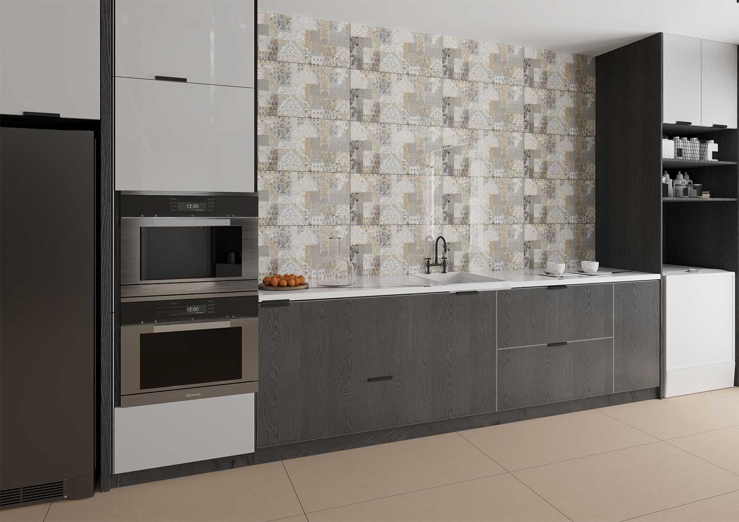 Modern kitchen with gray cabinets, black appliances, and a patterned backsplash, Tilesshopper Tiles Shopper, modern marble floor tiles, glossy white kitchen wall tiles, matte black bathroom tiles, ceramic mosaic backsplash, outdoor patio stone tiles, geometric patterned tiles, large porcelain floor slabs, subway tiles for bathroom walls, textured gray concrete-look tiles, luxury marble-look porcelain tiles, decorative accent wall tiles, terrazzo floor tiles, wooden plank ceramic tiles, high-gloss living roo